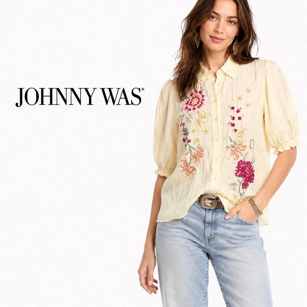 Johnny Was Yellow Smocked Lisbon Shirt Sarai Silk Embroidered Blouse W11425-4 L